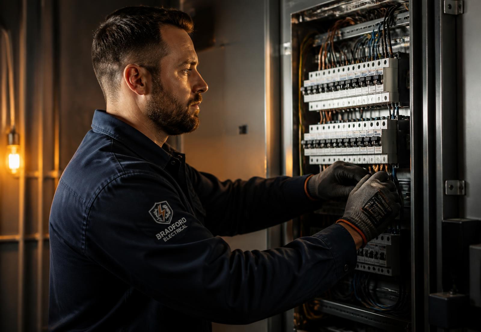 Elektrikář zapojuje rozvaděč v průmyslovém objektu