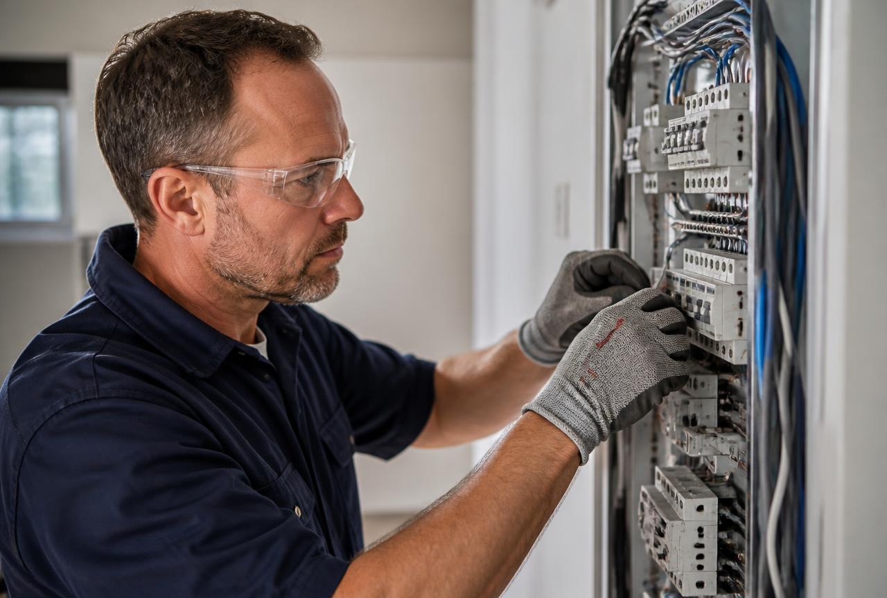 Elektrikář v ochranných brýlích zapojuje moderní rozvaděč